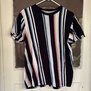 Free Planet Women’s Cotton Striped Tee in Dark Navy Blue, Pink light Blue size L